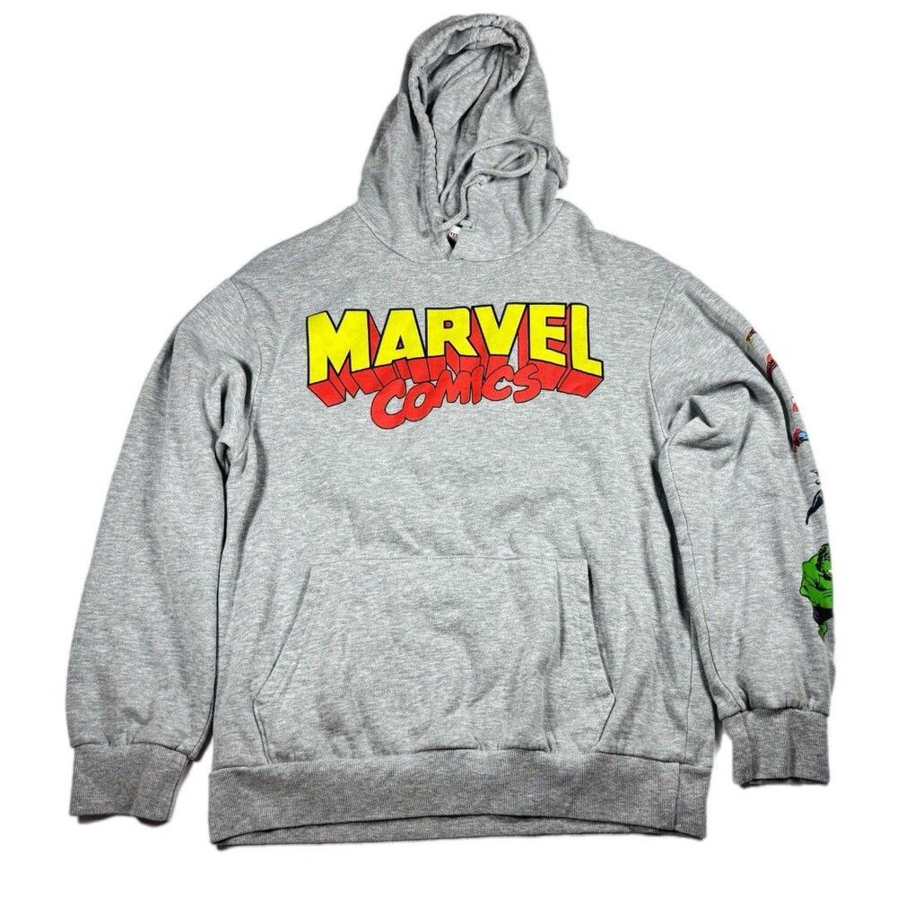 Marvel Comics Adult Hoodie Sweatshirt M Gray Hulk Iron Man Captain Front & Back